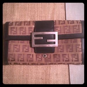 FENDI Canvas & Brown Leather Wallet